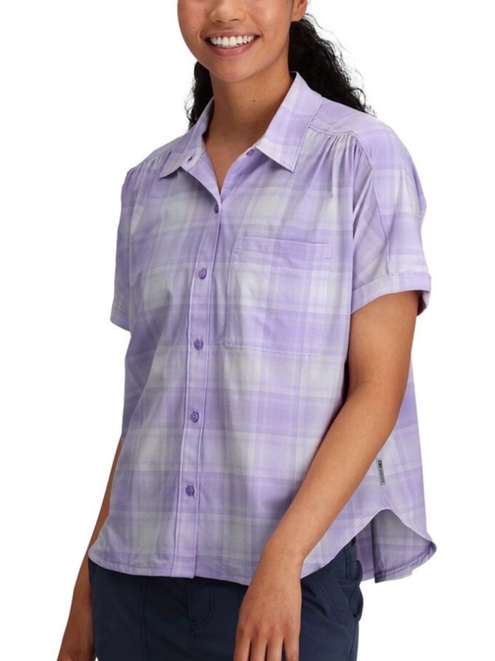 OUTDOOR RESEARCH Astroman Short Sleeve Sun Shirt Purple White UPF 50 Gorpcore